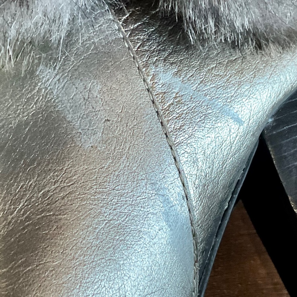 MICHAEL KORS CARLIE METALLIC GUN METAL SLIP ON FAUX FUR LEATHER HIGH HEELS SZ 8 - Picture 11 of 16